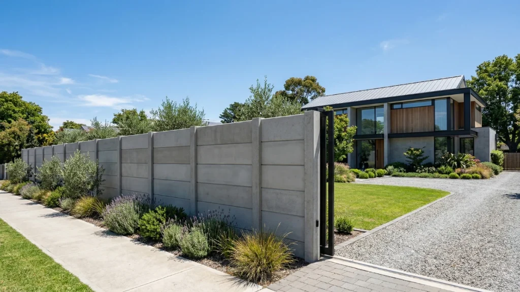Fachada de um terreno urbano protegido por um muro pré-moldado de concreto de alta qualidade com uma casa moderna ao fundo.