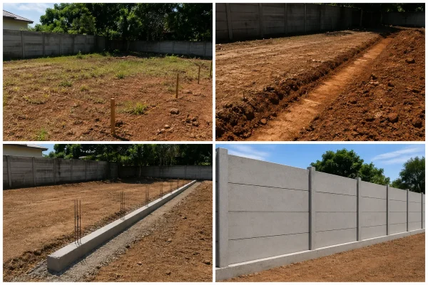 Marcação do terreno para instalação de muro pré-moldado com estacas e linha guia