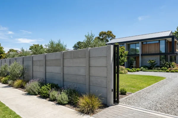 Fachada de um terreno urbano protegido por um muro pré-moldado de concreto de alta qualidade com uma casa moderna ao fundo.